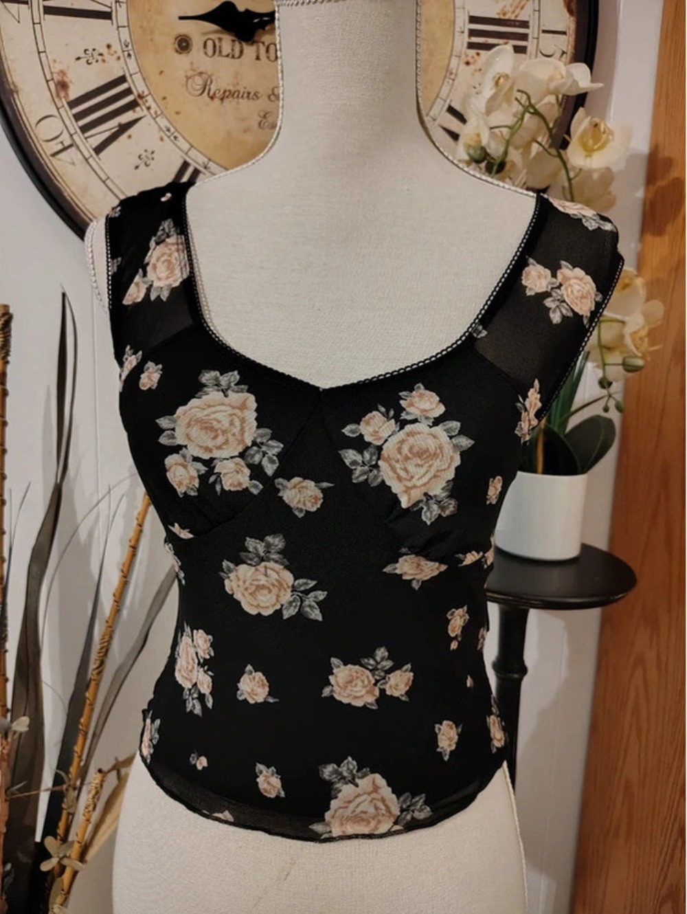 Forever 21 Black Floral Mesh Corset-Style Top | Small